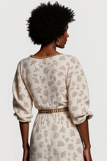 A Line Print Apricot V-Neck Midi Wedding Guest Dress with Belt